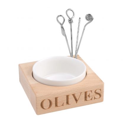 Culinary Concepts Beech Wood Olive Holder with Porcelain Dish-10609