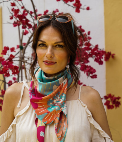 Powder Turquoise Modern Floral Satin Square Scarf - Image 3