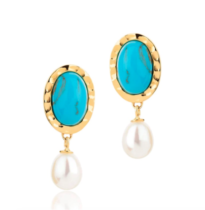 Claudia Bradby Turquoise Stone and Pearl Drop Gold Earrings - Image 2