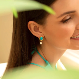 Claudia Bradby Turquoise Stone and Pearl Drop Gold Earrings