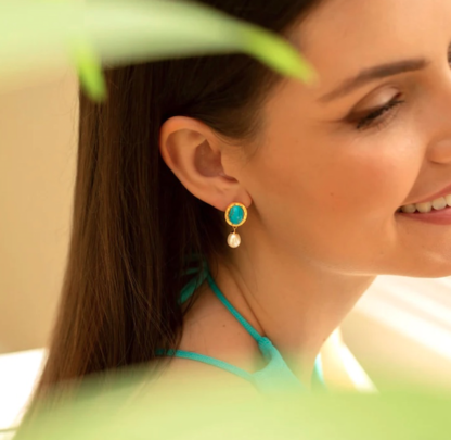 Claudia Bradby Turquoise Stone and Pearl Drop Gold Earrings