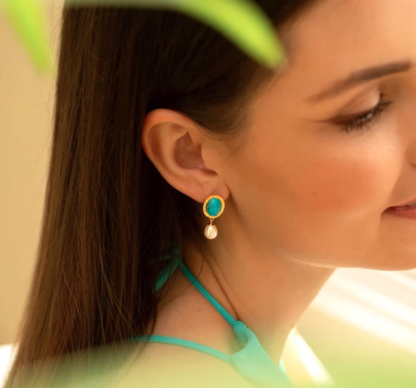Claudia Bradby Turquoise Stone and Pearl Drop Gold Earrings - Image 3