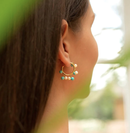 Claudia Bradby Turquoise Stone and Pearl Bubble Hoop Gold Earrings