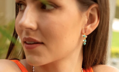 Claudia Bradby Turquoise Stone and Pearl Bubble Hoop Gold Earrings - Image 2