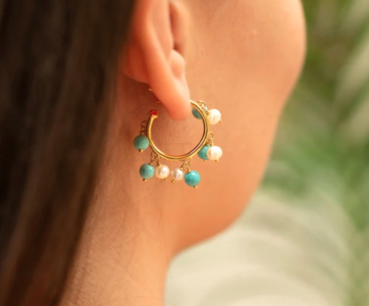 Claudia Bradby Turquoise Stone and Pearl Bubble Hoop Gold Earrings - Image 3