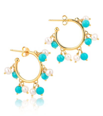 Claudia Bradby Turquoise Stone and Pearl Bubble Hoop Gold Earrings - Image 4