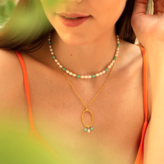 Claudia Bradby Turquoise and Pearl Gold Oval Necklace