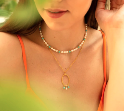 Claudia Bradby Turquoise and Pearl Gold Oval Necklace