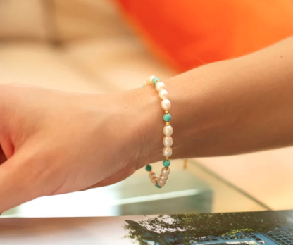Claudia Bradby Turquoise and Pearl Gold Bracelet - Image 2