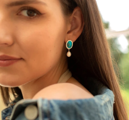 Claudia Bradby Turquoise Stone and Pearl Drop Silver Earrings