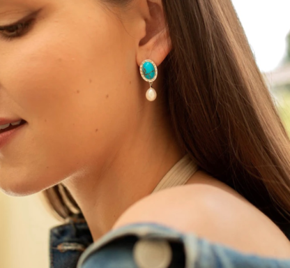 Claudia Bradby Turquoise Stone and Pearl Drop Silver Earrings - Image 2