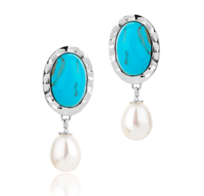 Claudia Bradby Turquoise Stone and Pearl Drop Silver Earrings - Image 3