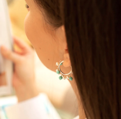 Claudia Bradby Turquoise Stone and Pearl Bubble Hoop Silver Earrings - Image 3