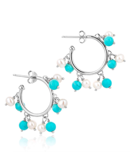 Claudia Bradby Turquoise Stone and Pearl Bubble Hoop Silver Earrings - Image 2