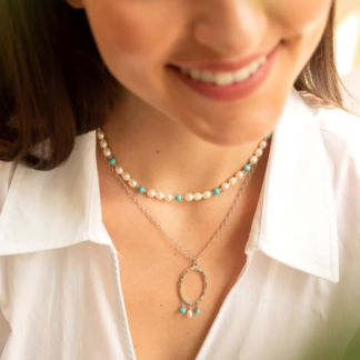 Claudia Bradby Turquoise and Pearl Silver Oval Necklace