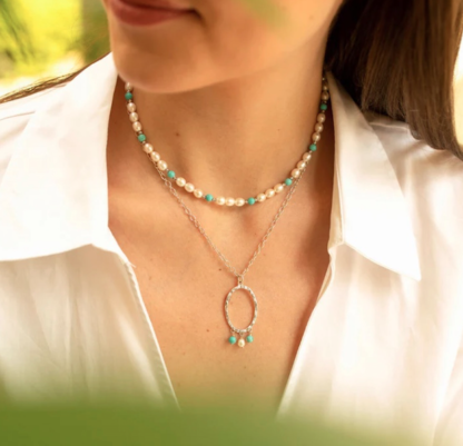 Claudia Bradby Turquoise and Pearl Silver Oval Necklace - Image 2