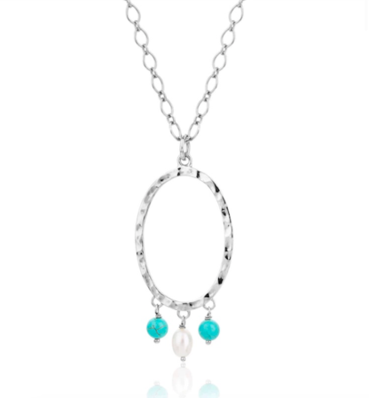 Claudia Bradby Turquoise and Pearl Silver Oval Necklace - Image 3