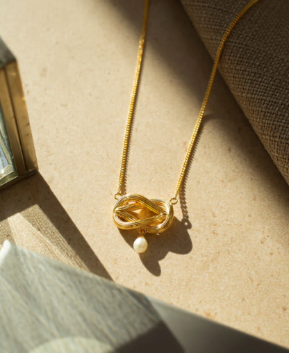 Claudia Bradby Sideways Knot Pearl Pendant Necklace Gold - Image 3