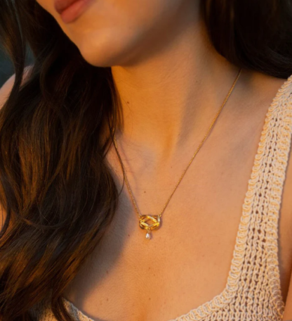 Claudia Bradby Sideways Knot Pearl Pendant Necklace Gold