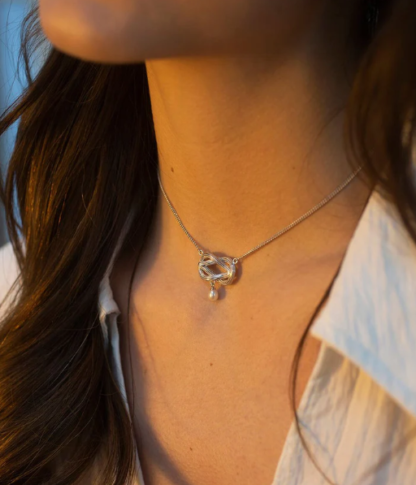 Claudia Bradby Sideways Knot Pearl Pendant Necklace Silver - Image 4