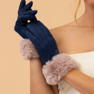 Powder Bettina Faux Suede and Fur Gloves Navy and Taupe