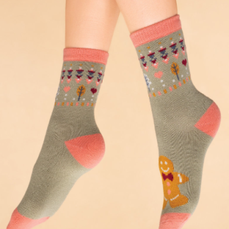 Powder Gingerbread Man Knitted Socks SAGE
