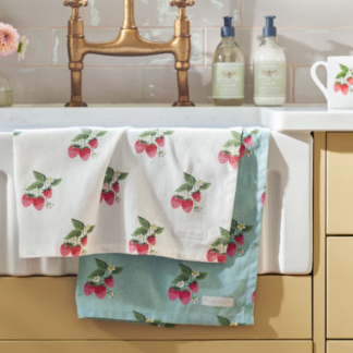 Sophie Allport at Gifted Boston Spa - Strawberries Blue Tea Towels hanging on a sink