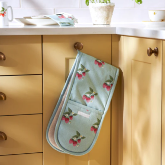 Sophie Allport at Gifted Boston Spa - Strawberries Blue Double Oven Glove hanging in a kitchen