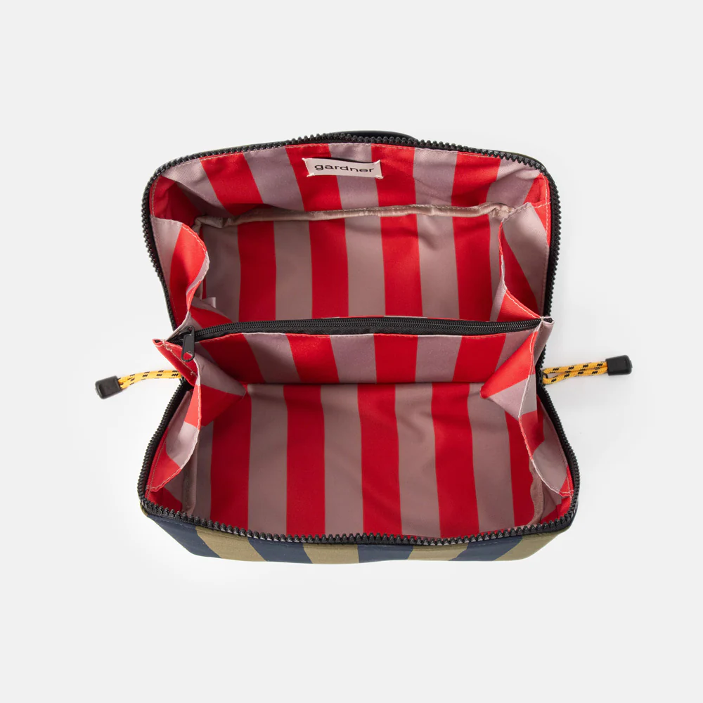 Caroline Gardner Khaki Navy Stripe Flat Lay Wash Bag - Image 4