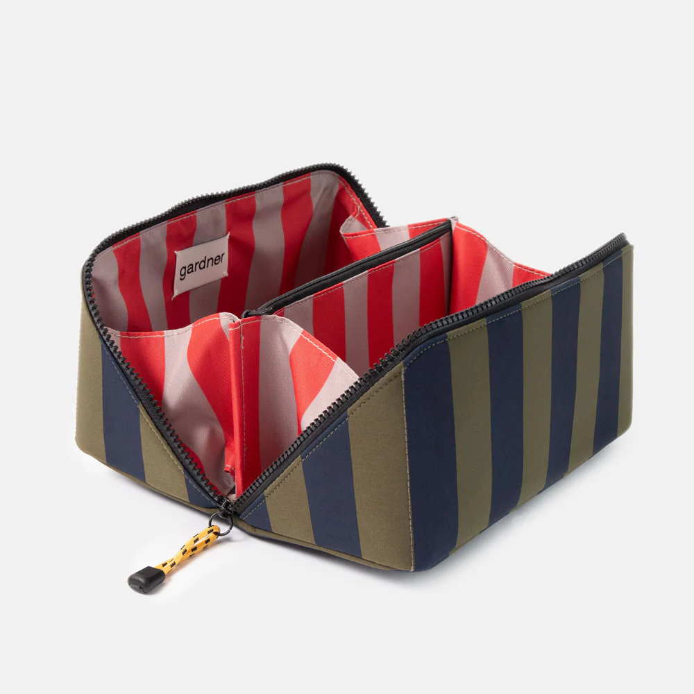 Caroline Gardner Khaki Navy Stripe Flat Lay Wash Bag - Image 5