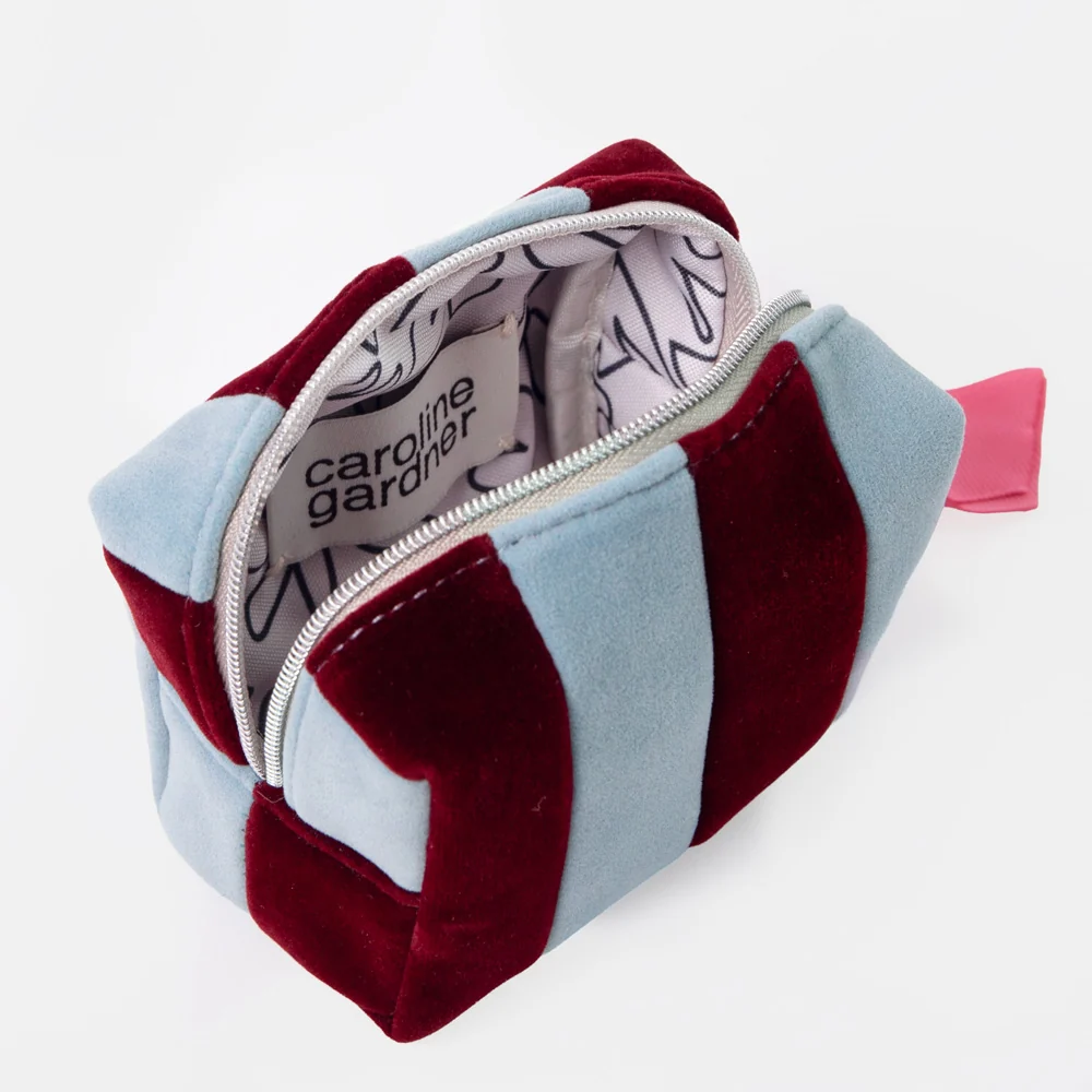 Caroline Gardner Blue & Wine Stripe Velvet Mini Cube Cosmetic Bag - Image 4
