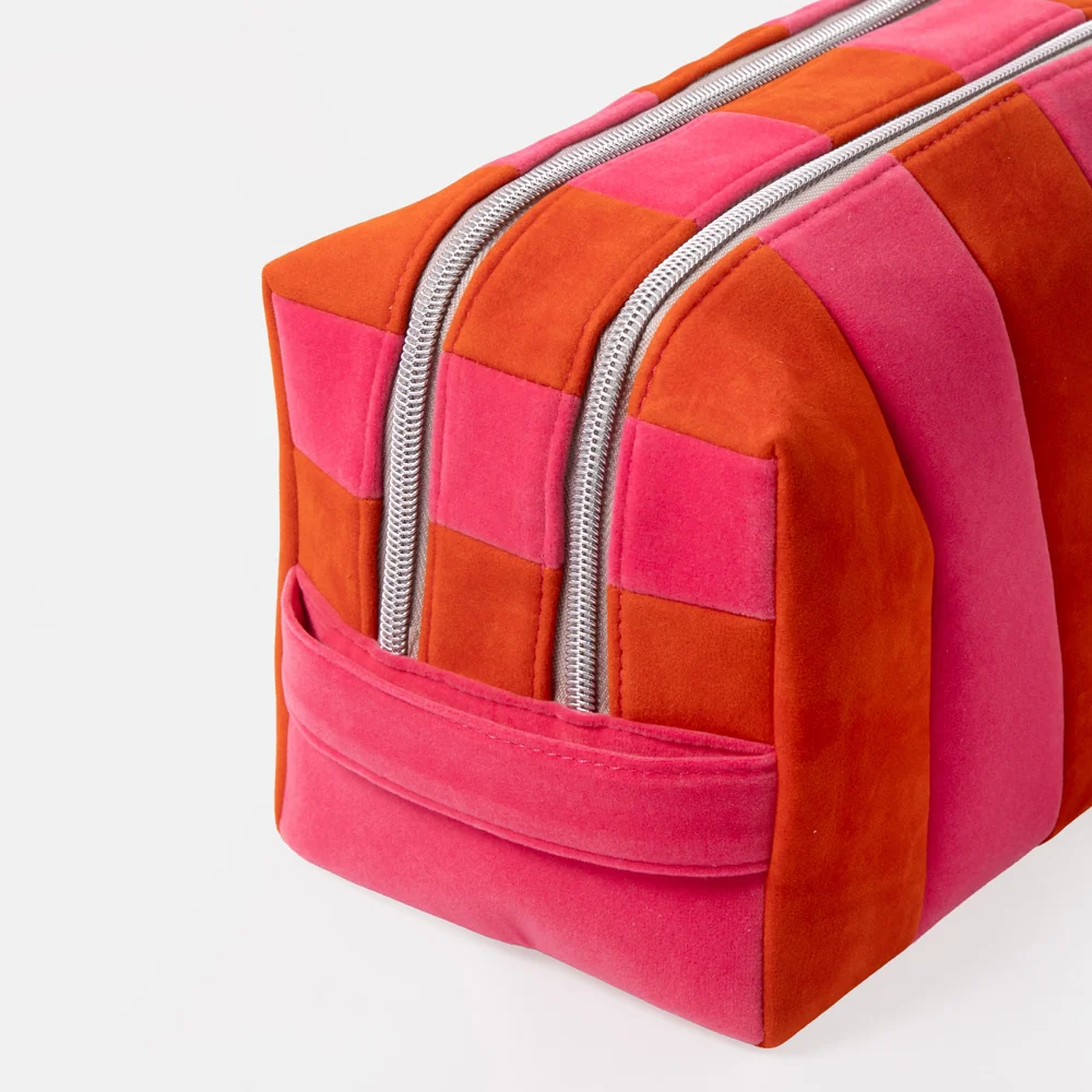 Caroline Gardner Orange and Pink Stripe Velvet Large Travel Washbag - Image 6