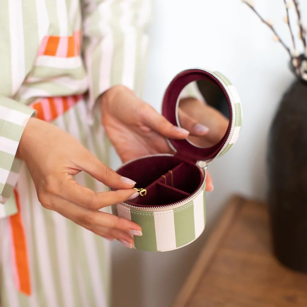 Caroline Gardner Pink and Green Stripe Round Jewellery Box - Image 2