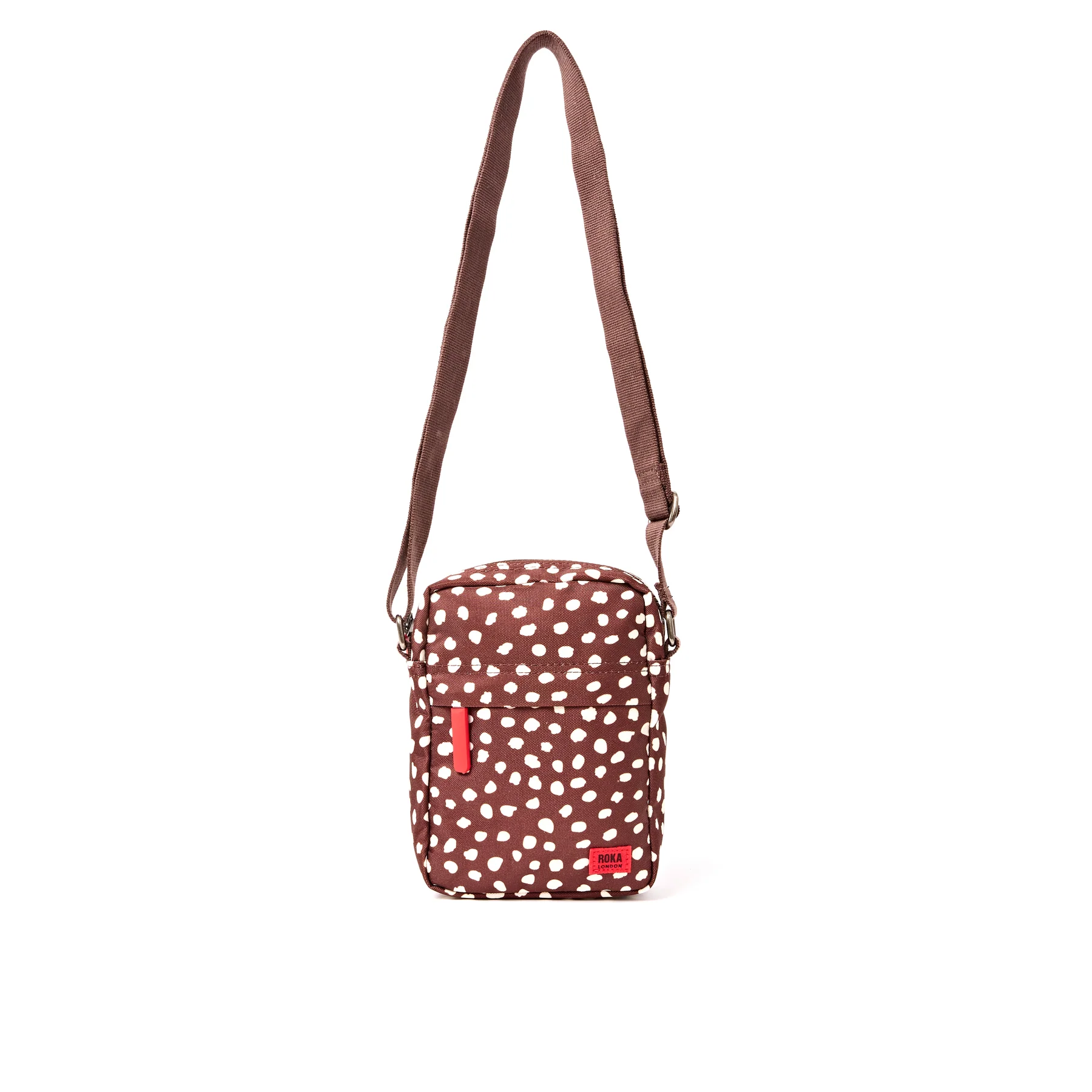 Roka Bond Pocket Recycled Canvas Small Cross Body Bag Brown Dot - Image 2