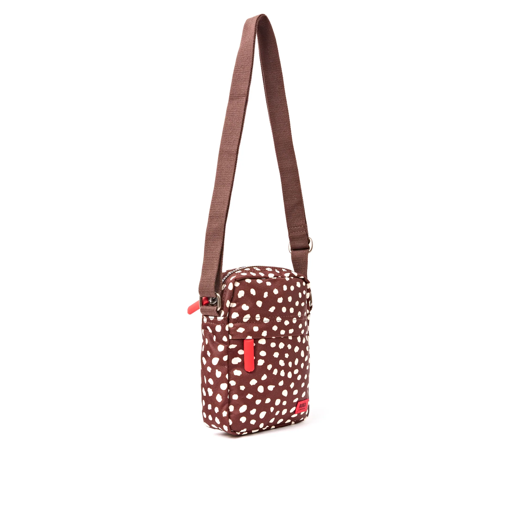 Roka Bond Pocket Recycled Canvas Small Cross Body Bag Brown Dot - Image 4