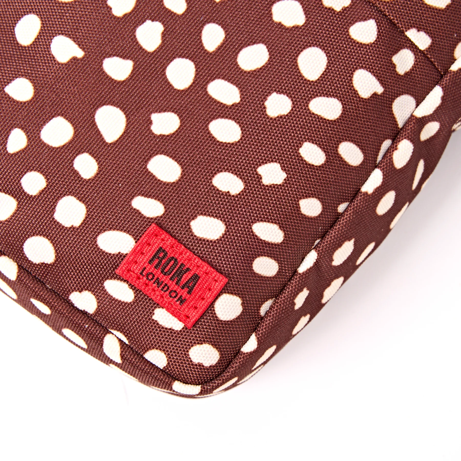 Roka Bond Pocket Recycled Canvas Small Cross Body Bag Brown Dot - Image 10