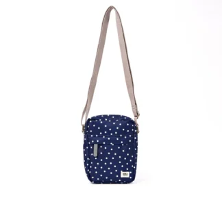 Roka Bond Pocket Recycled Canvas Small Cross Body Bag Navy Polka Dot