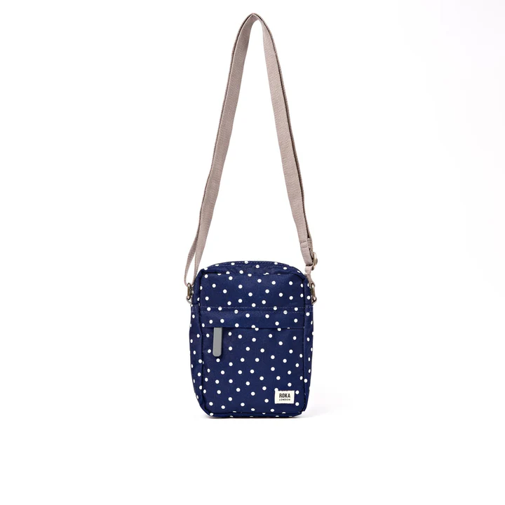 Roka Bond Pocket Recycled Canvas Small Cross Body Bag Navy Polka Dot