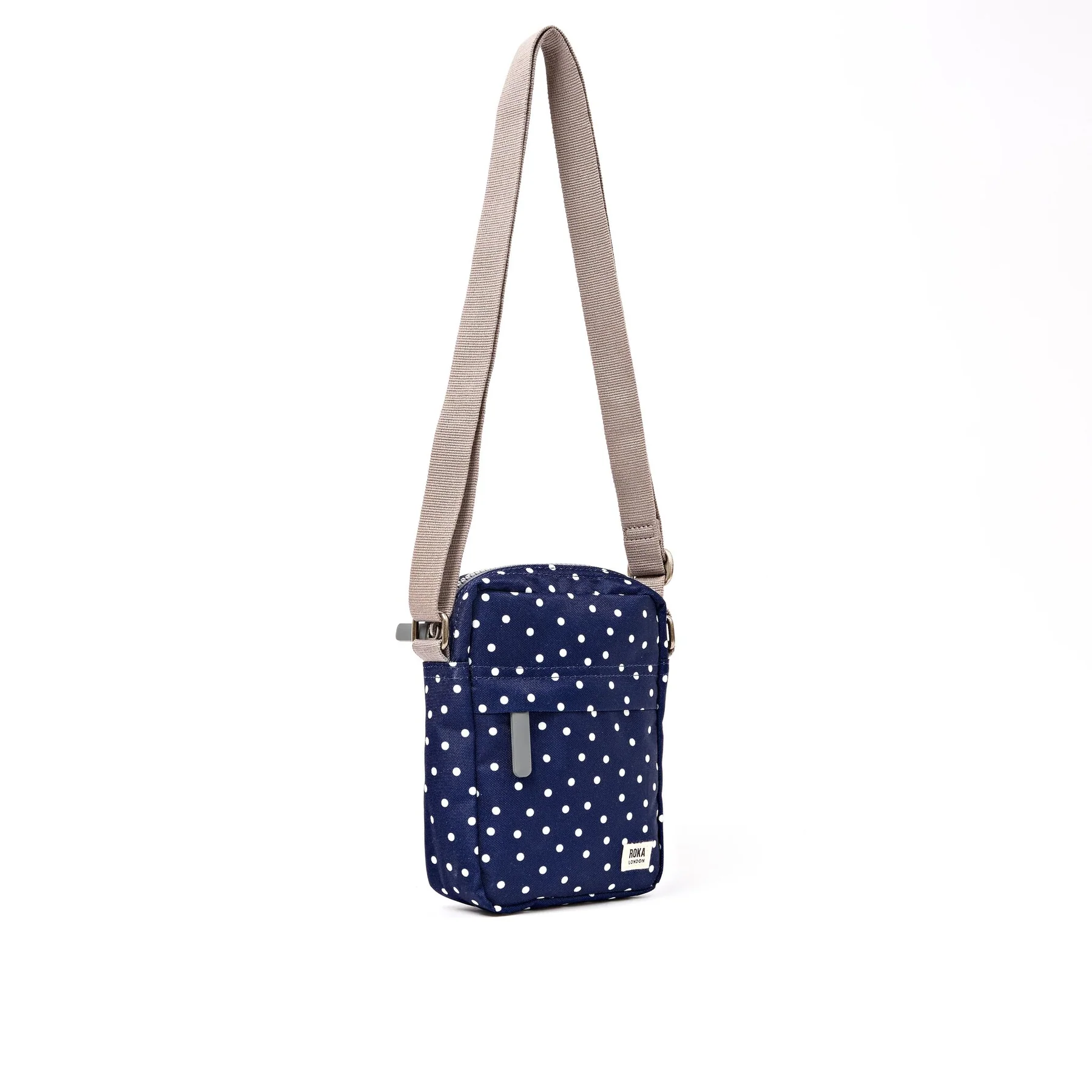 Roka Bond Pocket Recycled Canvas Small Cross Body Bag Navy Polka Dot - Image 3