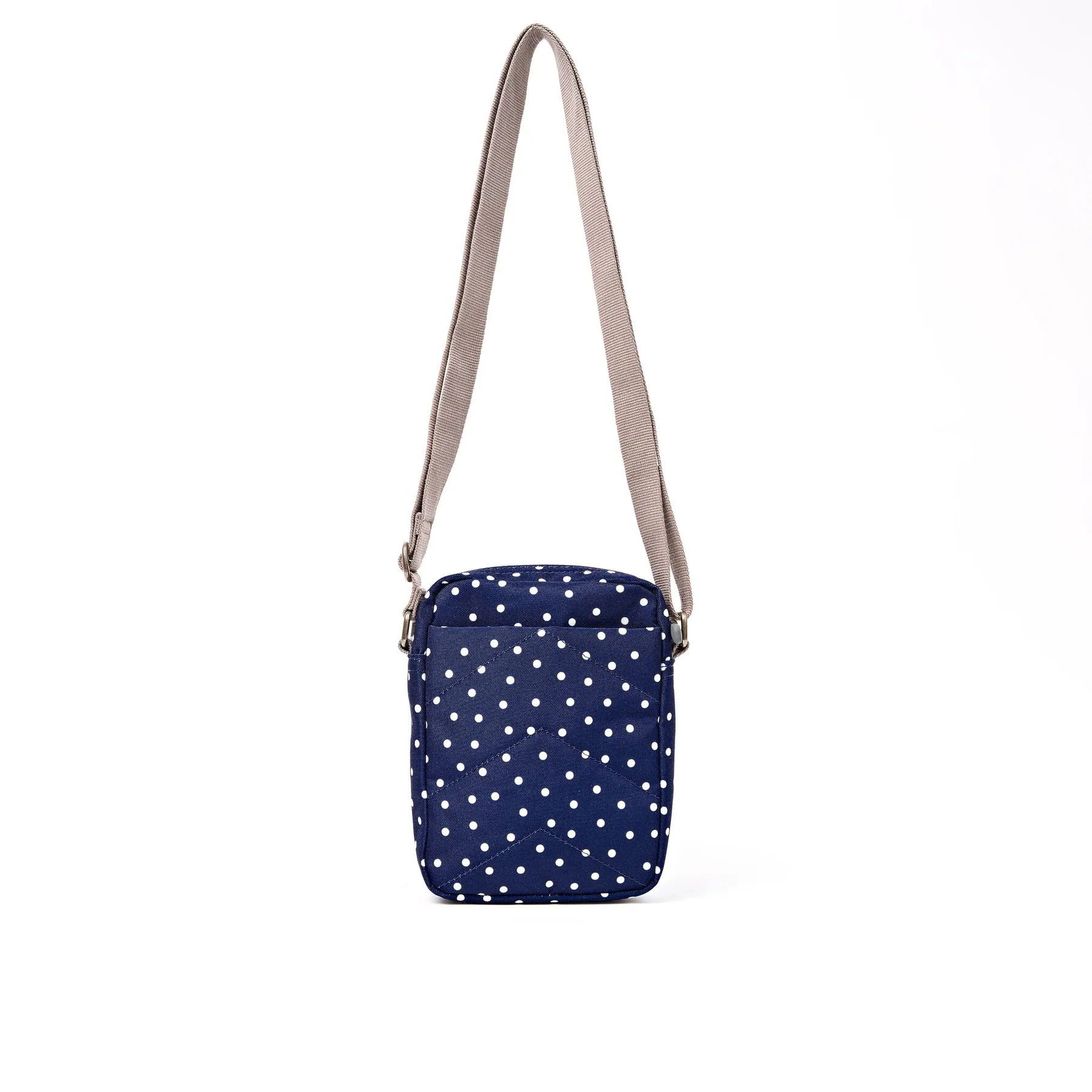 Roka Bond Pocket Recycled Canvas Small Cross Body Bag Navy Polka Dot - Image 5