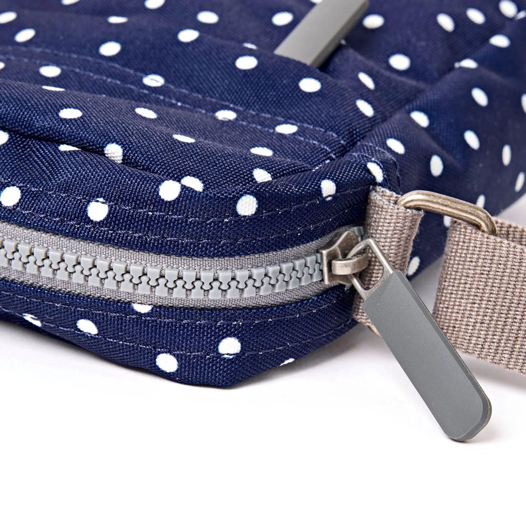 Roka Bond Pocket Recycled Canvas Small Cross Body Bag Navy Polka Dot - Image 7